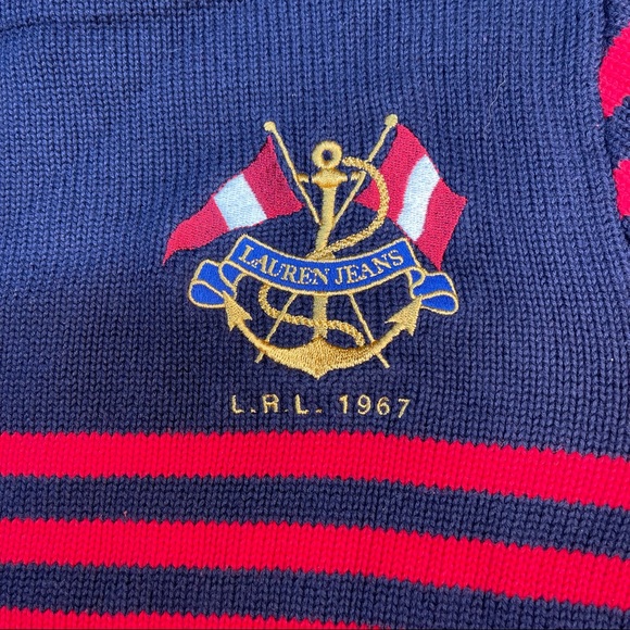 Ralph Lauren Sweater Striped Gold Buttons Nautical Crest Red Navy Blue Sz L - Picture 7 of 10
